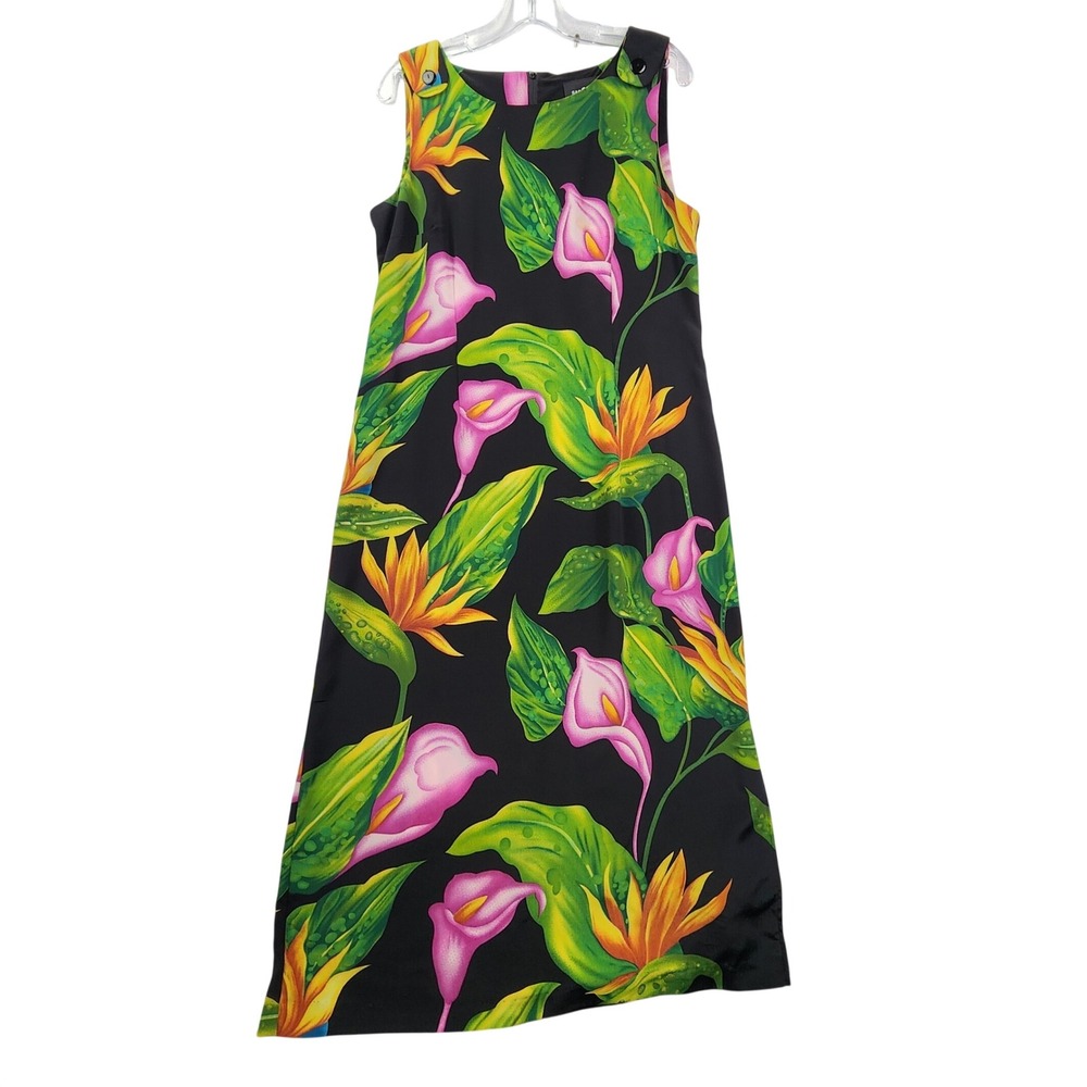 Sag Harbor Black Tropical Floral Maxi Dress 14P Hawaiian Luau Vacation Summer